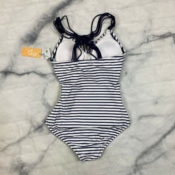Kona Sol One Piece Swimsuit SMALL & XL Womens Navy Stripe Shirred Macrame Strap - Picture 5 of 10